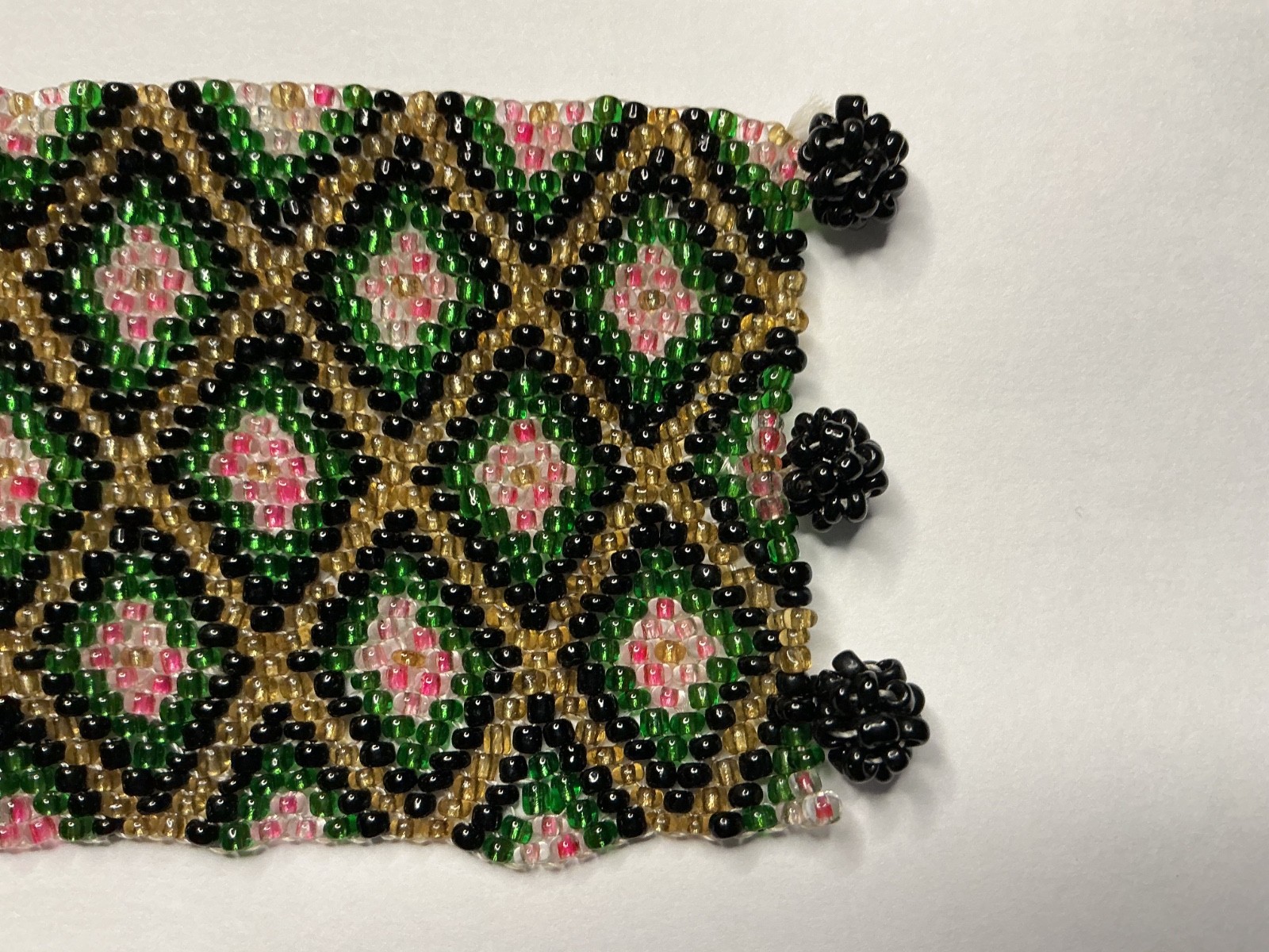 Vintage Seed Bead Cuff Bracelet, Pink/Green/Black Diamond Pattern, 30g
