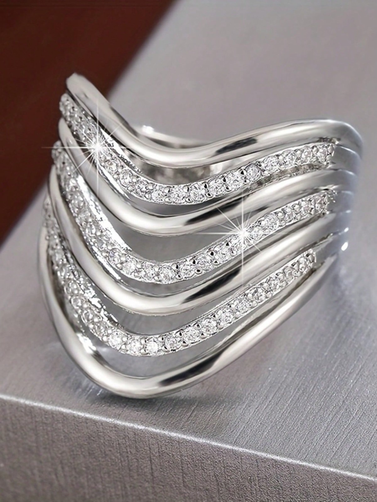 Elegant Cubic Zirconia Ring Wide Band Hollow Women’s Party Jewelry Gift for Her