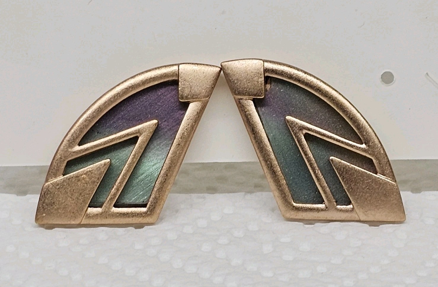 Monet Tympany Clip On Earrings Rose Gold Geometric Aurora Borealis Vintage 1980s