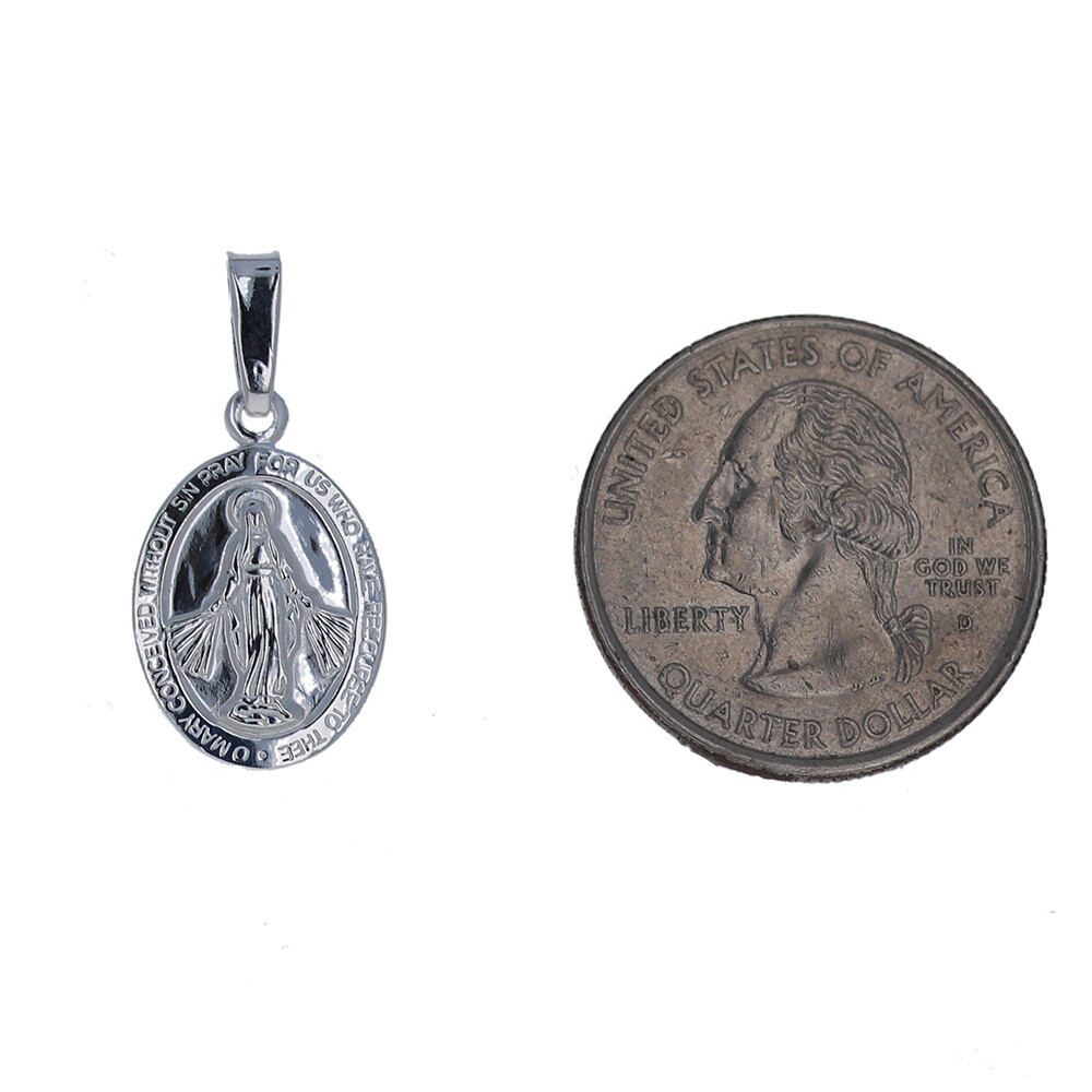Sterling Silver, Miraculous Mary Pendant, Two-Sided Oval Medallion, 1 in Pendant