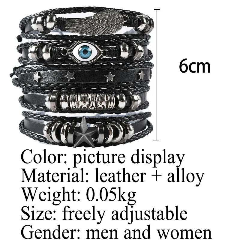 6pcs/Set Black Punk Skull Star Shaped Alloy Pu Leather Bracelet Punk Hip Pop