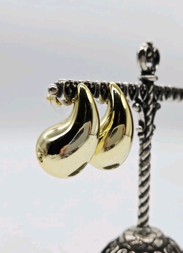 Teardrop Earrings Yellow Gold Plated Hollow Chunky Push Back Post 1.25 in