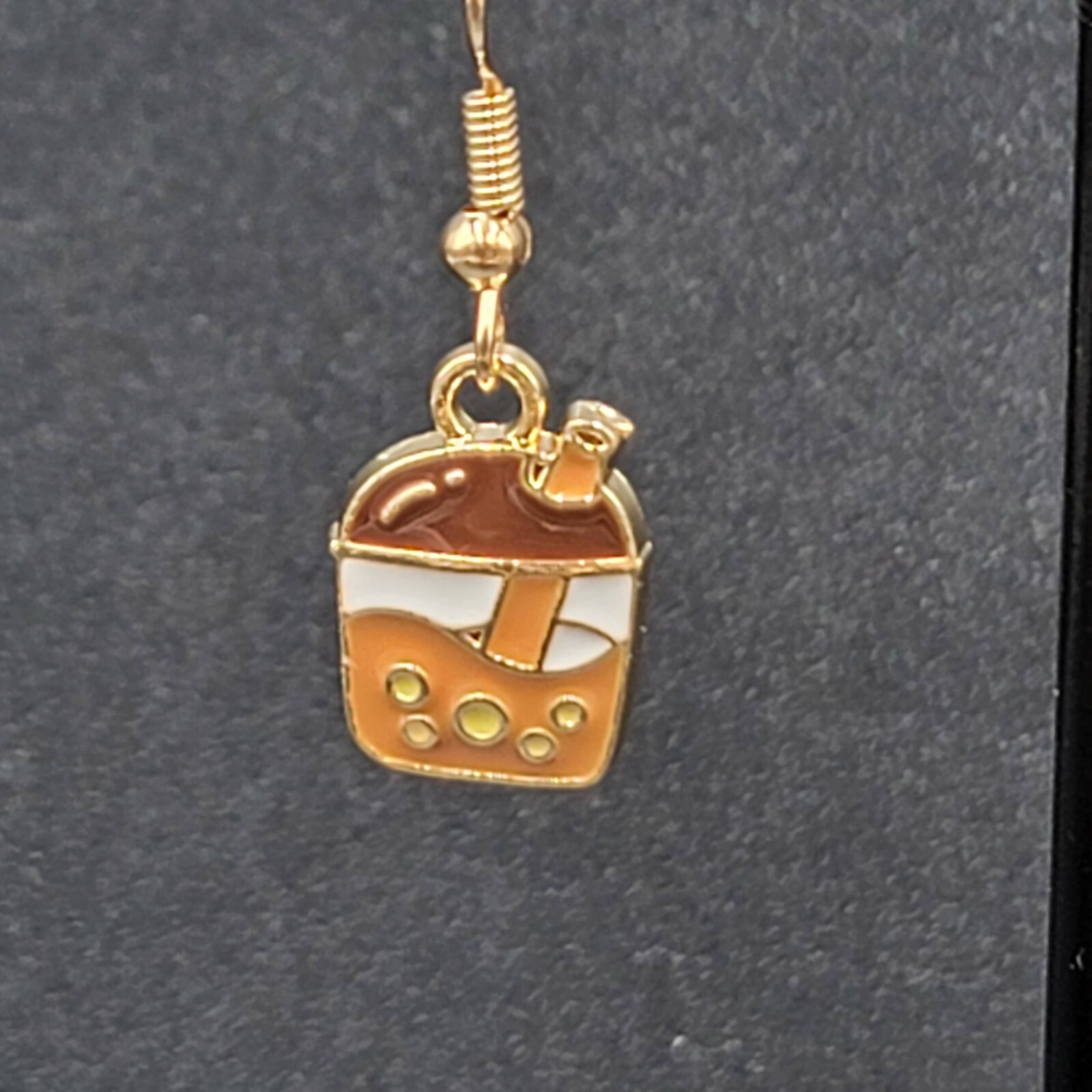 Boba Tea Pierced Earrings Gold tone Coffee Drink Dangle Enamel 1/2″