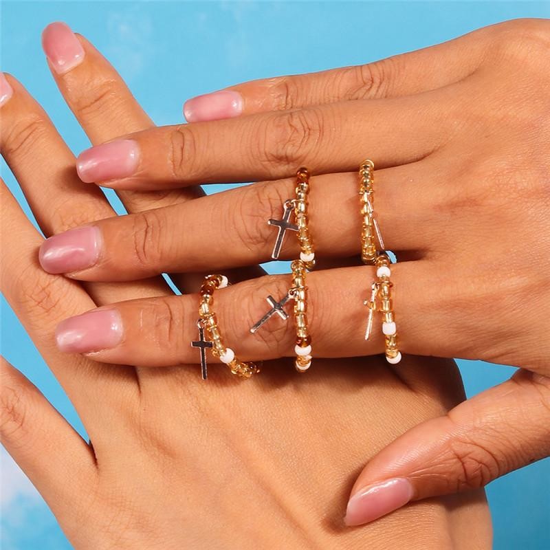 Bohemian Handmade Colorful Flower Beaded Ring Set for Women Beach Jewelry Gift