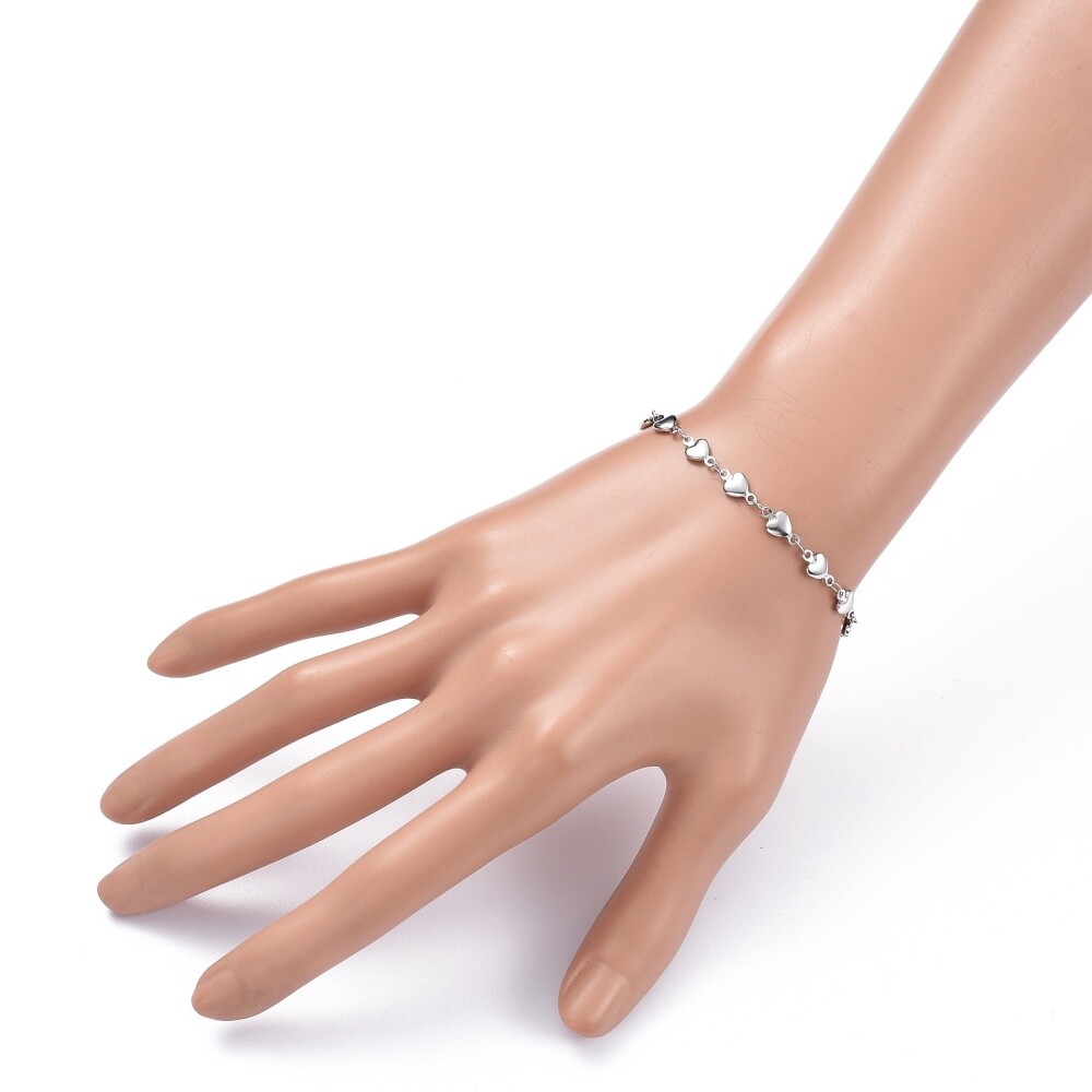 Stainless Steel Heart Chain Bracelet Steel Toggle Silver 7.5″ Z163