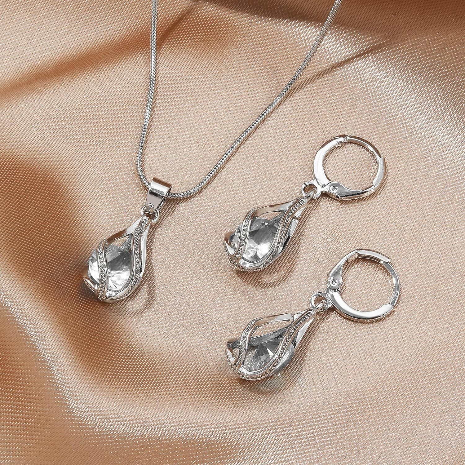 Elegant Silver Jewelry Set with CZ Pendant Necklace & Earrings for All Occasions