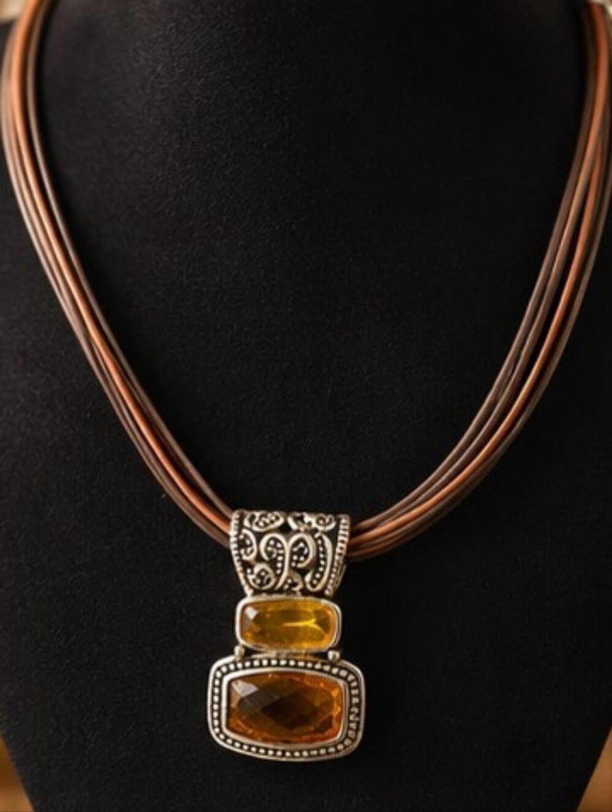 Vintage Cookie Lee Multi Strand Faux Leather Necklace Amber Glass Pendant Boho