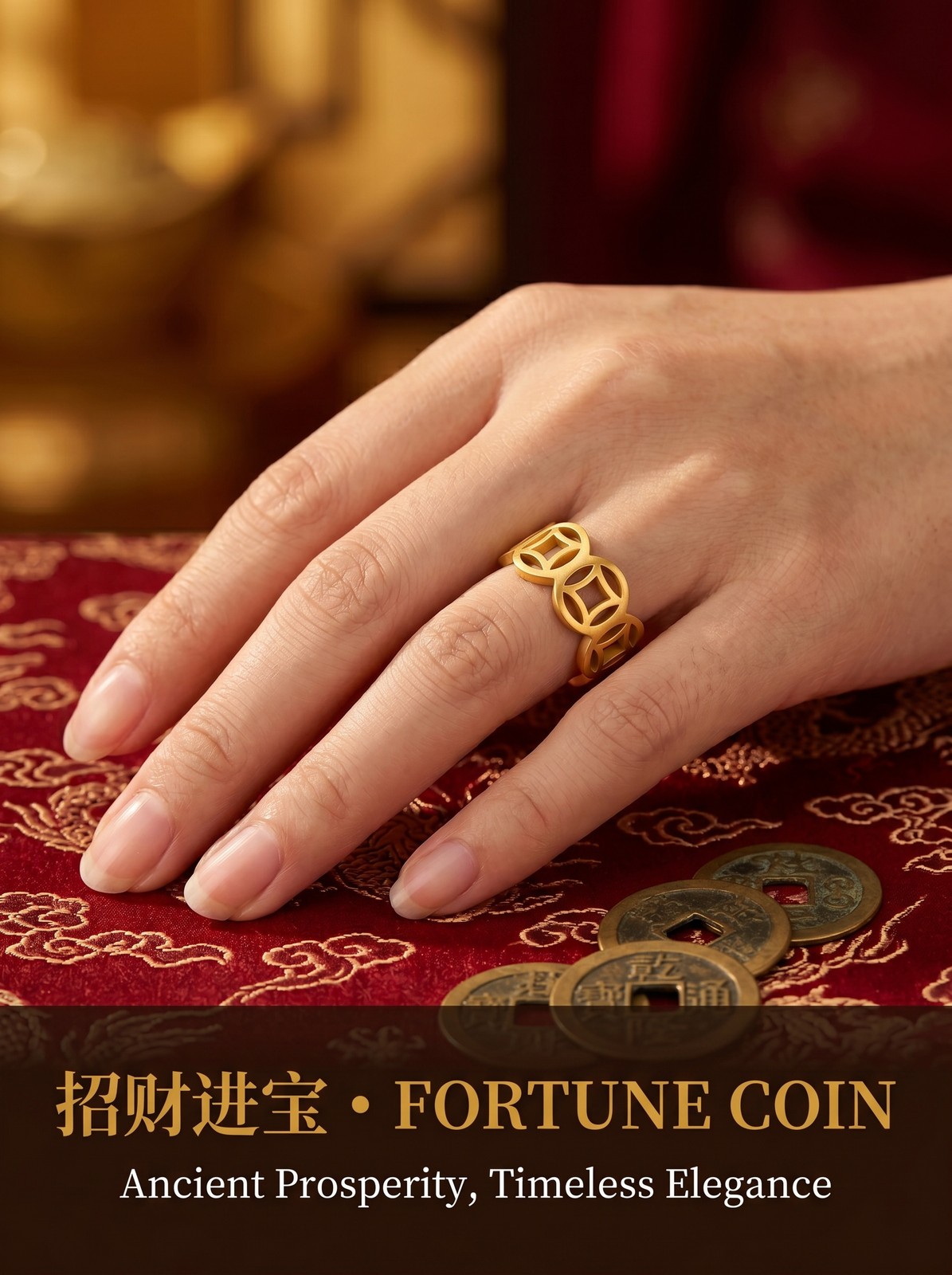 Chinese Coin Ring, Gold-Tone Band w/ Traditional Chinese Prosperity Symbol