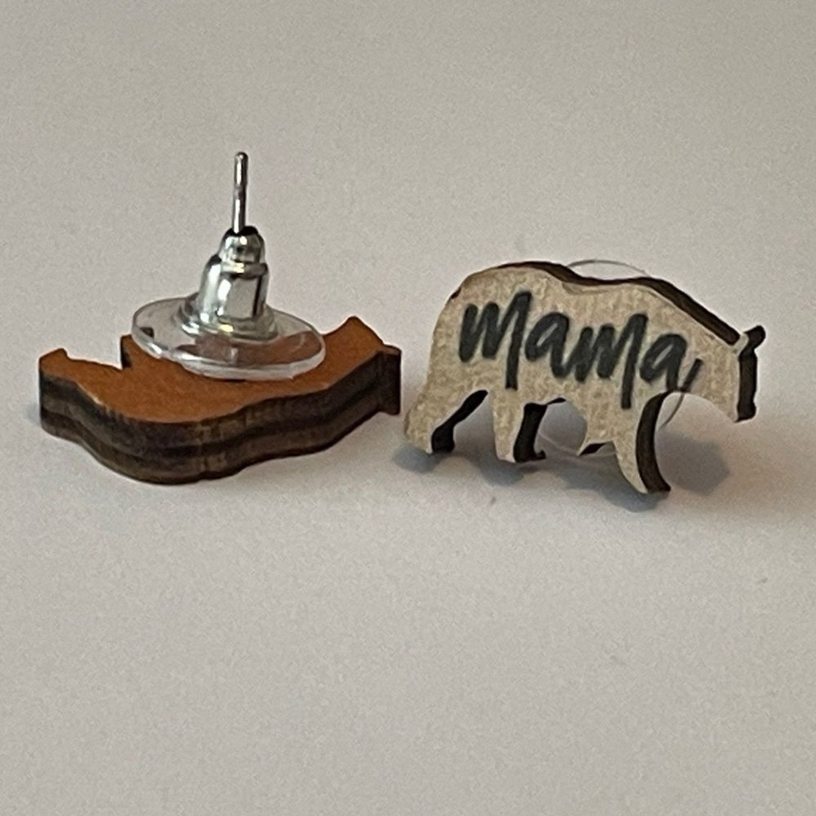 Mama bear wood earrings wooden mother mom stud studs new gift