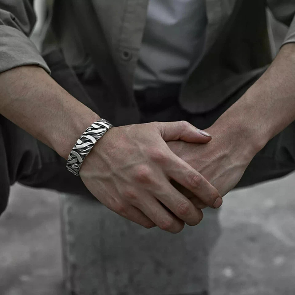 Retro C-Shaped Braided Alloy Men Bracelet Silver Cuff Fashion Jewelry Gift