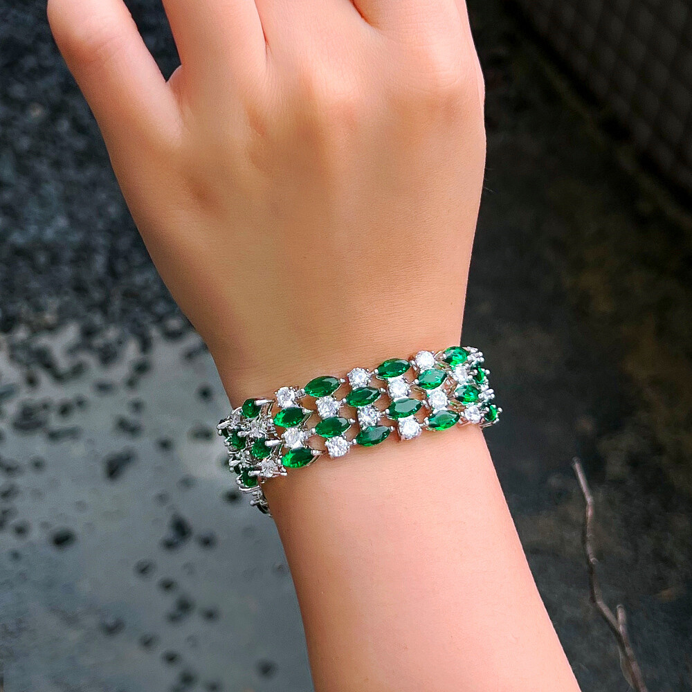Women Silver Plated Multicolor Round Marquise Cubic Zirconia Big Wide Bracelet