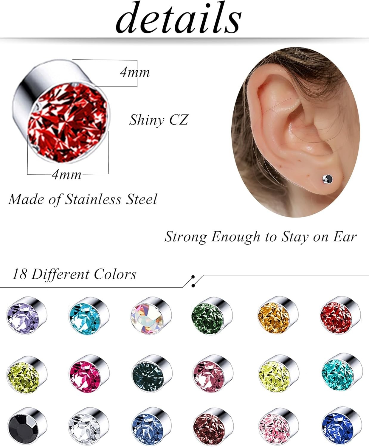Torniro 18 Pairs Magnetic Stud Earrings Colors CZ Clip on Non Piercing Fake S…