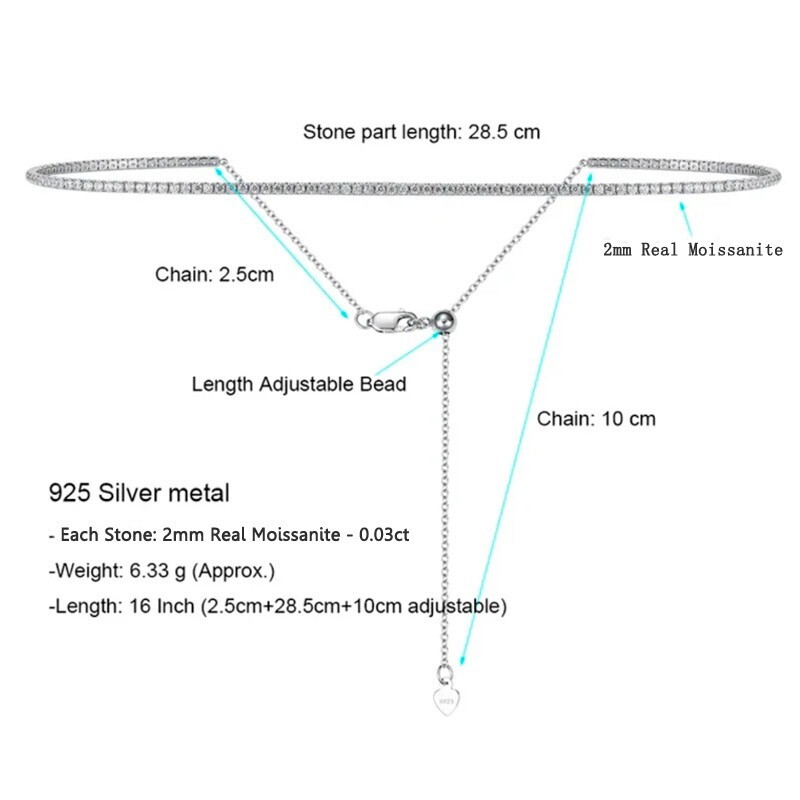 2mm D Color Moissanite Tennis Chain Necklace S925 Silver Women Adjustable Choker