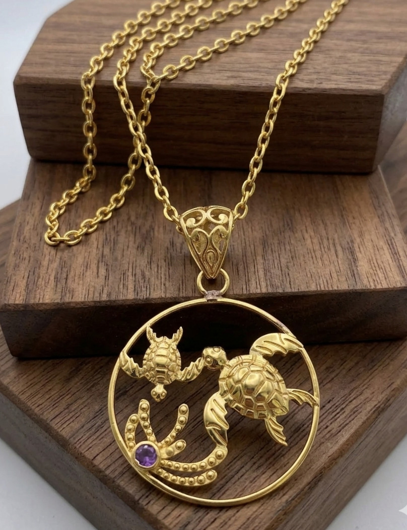 Brass Sea Turtle Mermaid Seahorse Pendant Purple Amethyst Ocean Gold Color Jewel