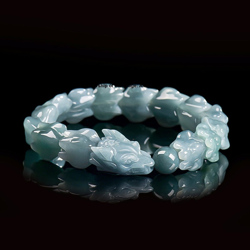 Natural Grade A Jadeite ICY Blue Jade Dragon Shape Bead Elastic Bracelet UNIQUE