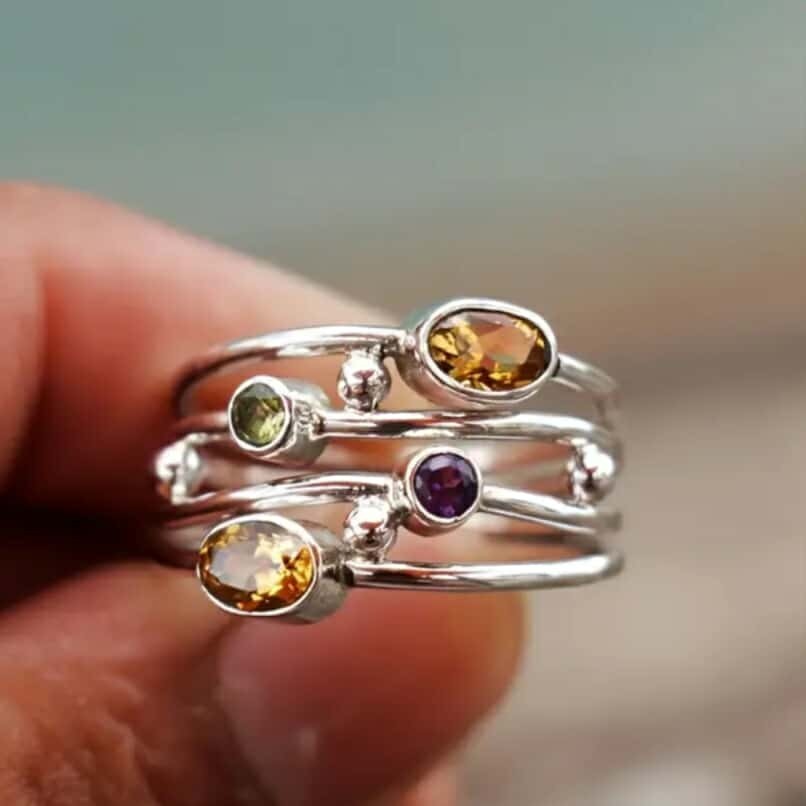 925 Sterling Silver Rainbow Citrine Amethyst Peridot Engagement Ring Size 7