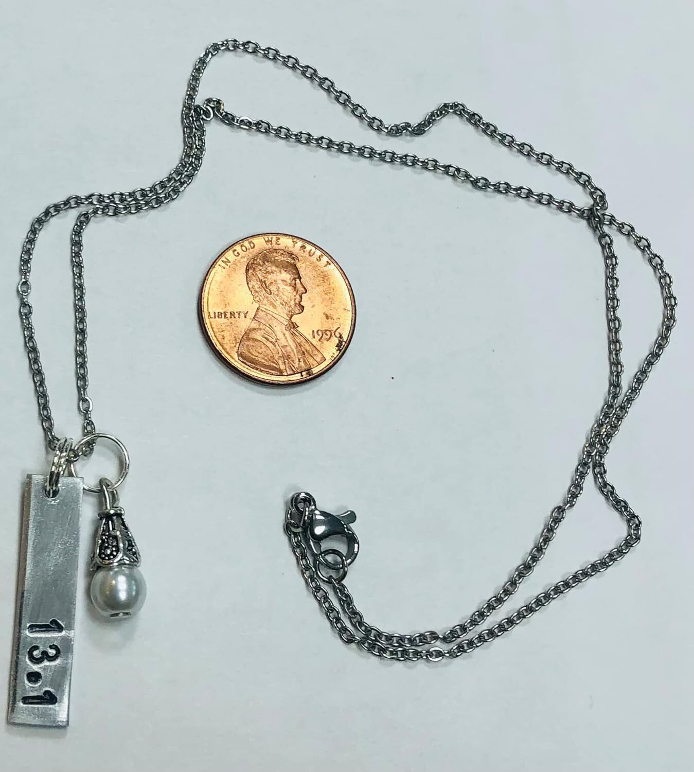 13.1 Half Marathon Runners Handstamped Bar Necklace with pearl, on 18 inch chain