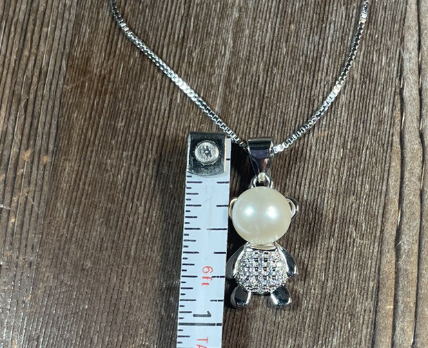 Teddy Bear Necklace Pendant Marked S925 Cream Pearl Crystal Rhinestones Silver