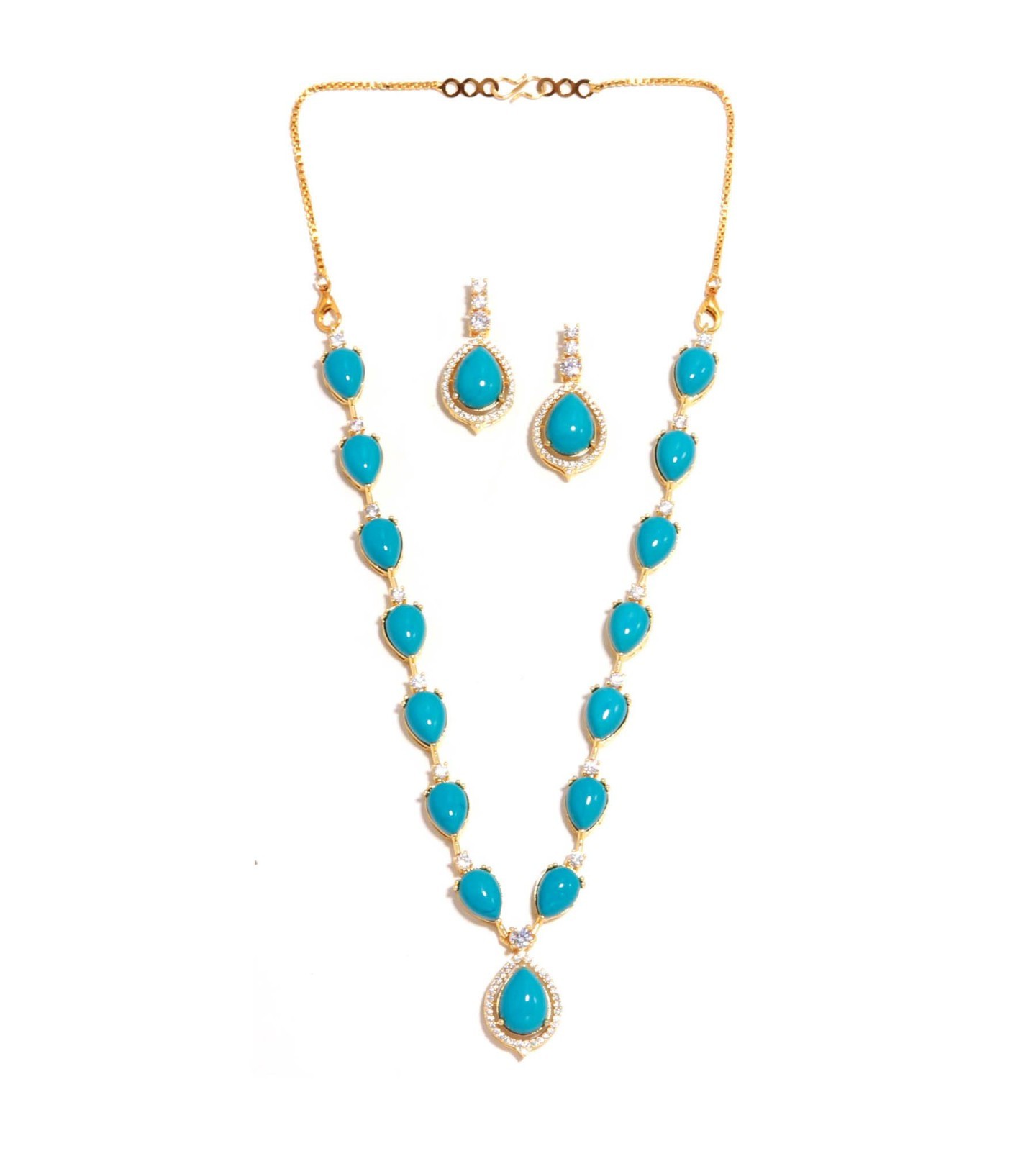 22K Gold Plated Brass Turquoise Teardrop CZ Necklace Earring Set Women Gift