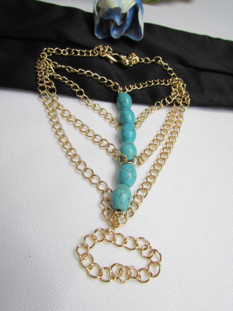 WOMEN GOLD FASHION JEWELRY HAND CHAINS TURQUOISE BLUE BEADS BRACELET SLAVE RING