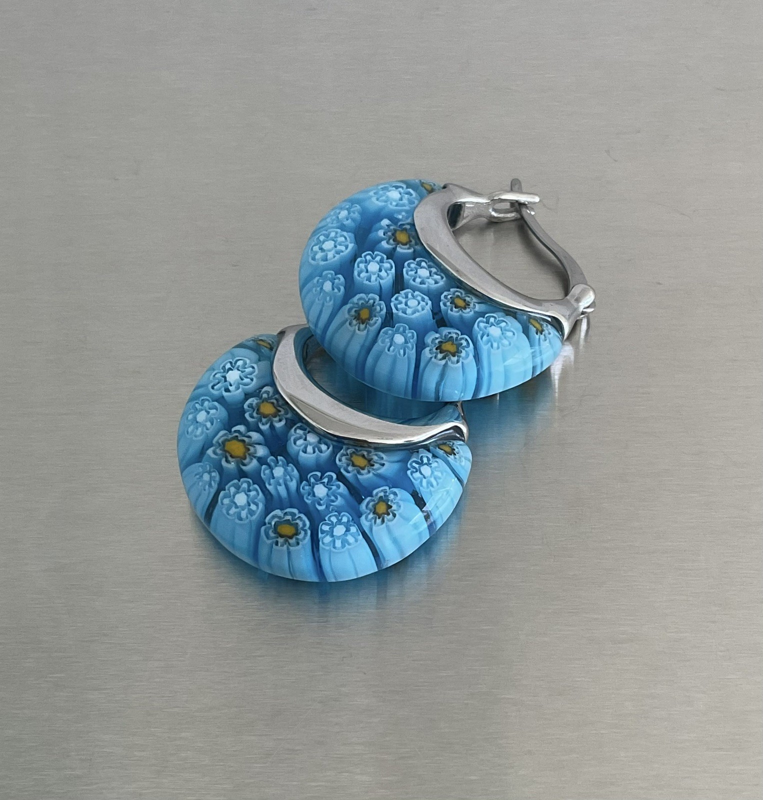 Blue Murano Millefiori Style Daisy Glass 1″ Hoop Earrings Stainless Steel