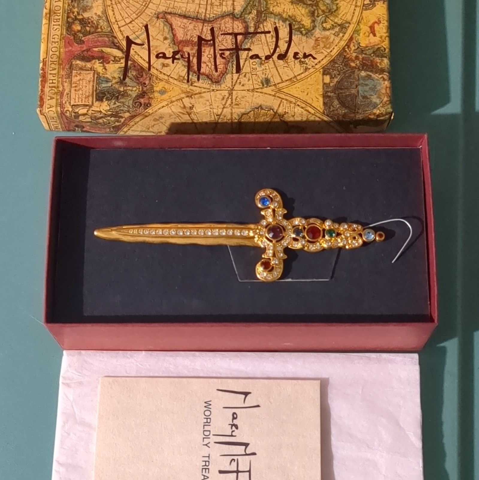 Mary McFadden Sword Brooch Pin Gold Tone Metal with Multicolor Stones