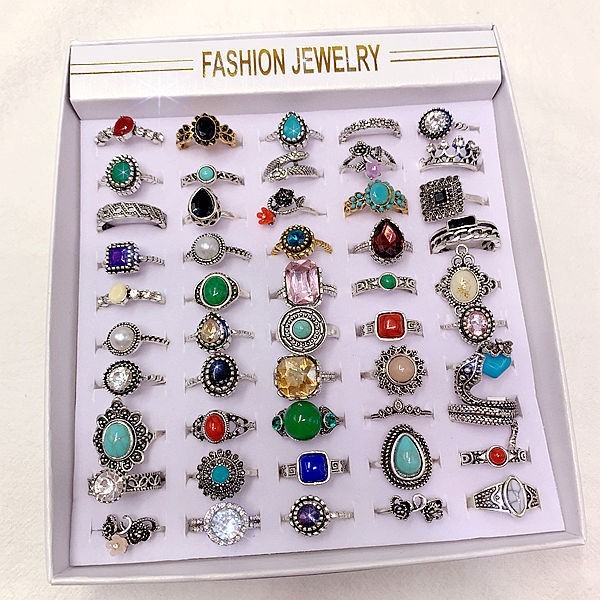 50pcs Bulk Lots Vintage Crystal Stone Mix Plated antique silver Jewelry Ring
