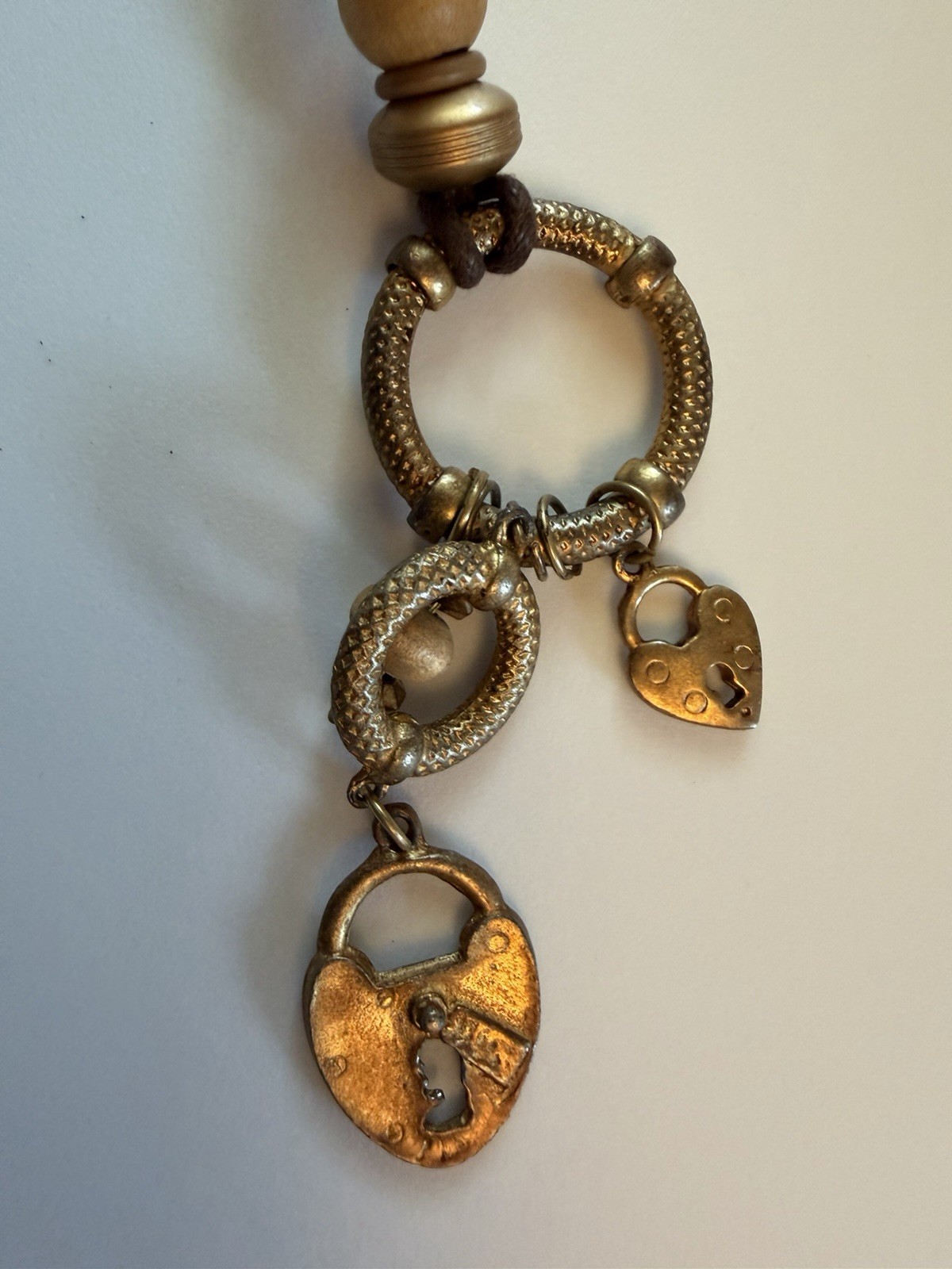Brown Cord Necklace 20in Adjustable Gold Tone Heart Lock Charm Beads Rings