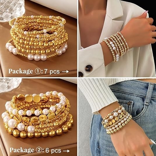 Gold Pearl Beaded Bracelets for Women,Gold Pearl Stackable Stretch Bead