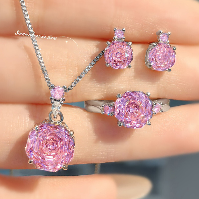3pc Party Jewelry Rose Cut White Mystic Topaz Gems Women Necklace Stud Earring