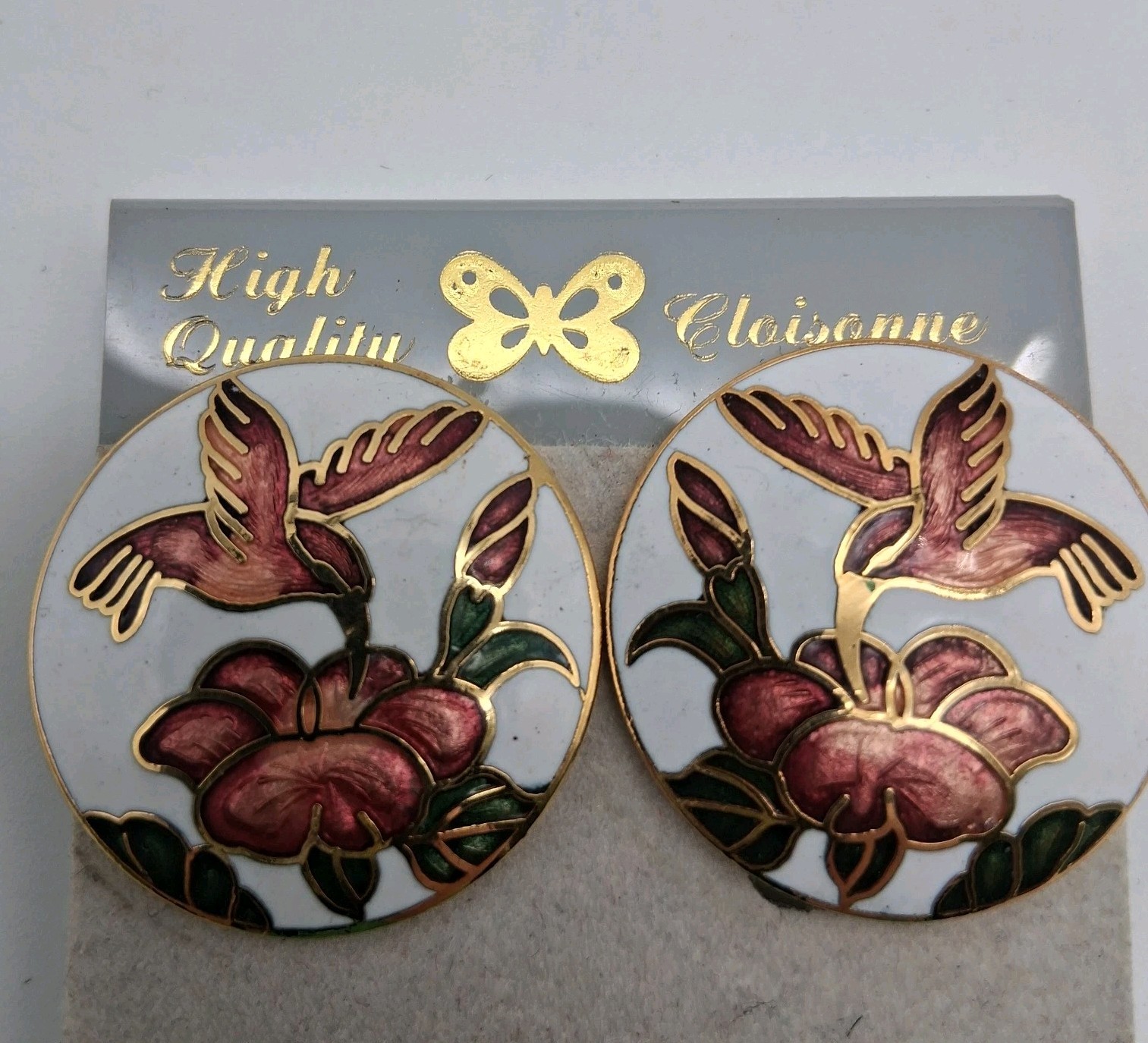Vtg Cloisonne Enamel Hummingbird Bird Round Clip on Earrings 1″