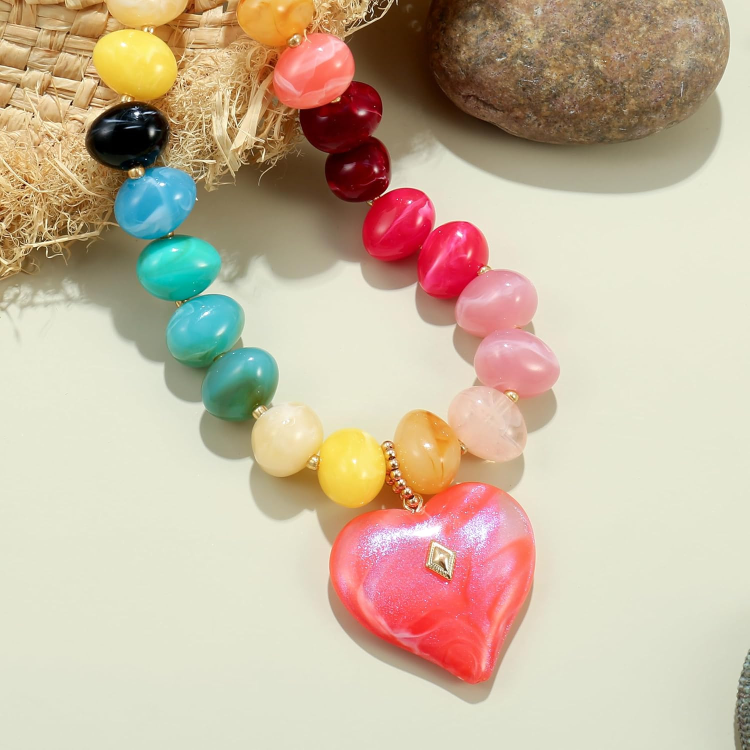 Chunky Heart Necklace for Women, Colorful Acrylic Beaded Statement Puff Heart Ne