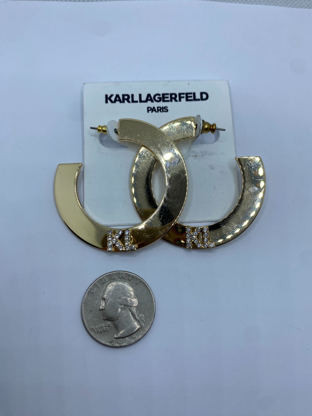 Karl Lagerfeld Gold Plated Flat Hoop Pierced Earrings Crystal KL Logo