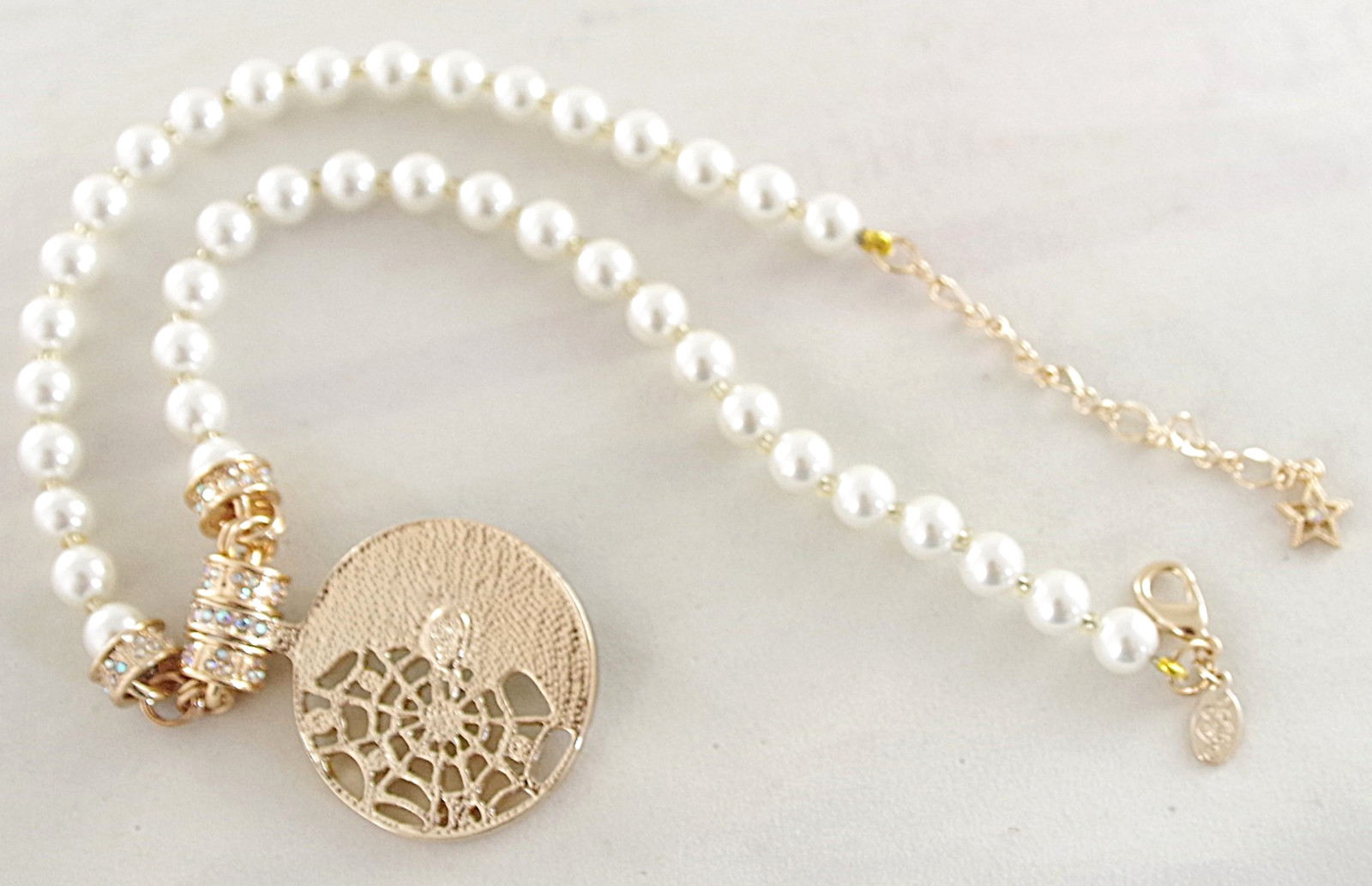 KIRKS FOLLY AB CRYSTAL RHINESTONE WHITE MOON/ DREAM CATCHER ENHANCER NECKLACE