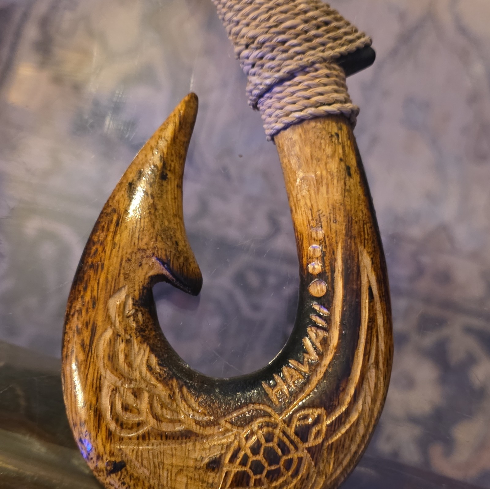 Carved Wooden Fish Hook Charm Pendant Cord Necklace, Brown Tribal