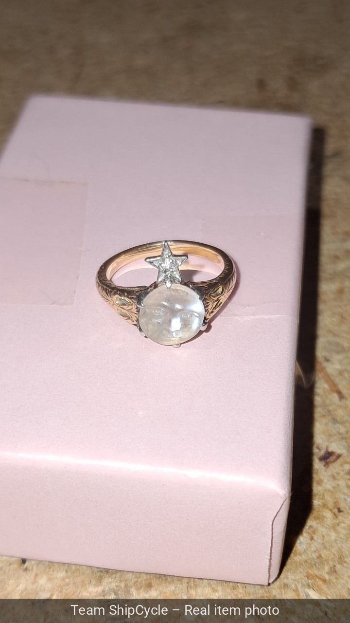 Antique Victorian 14k Ring With Carved Moon face Moonstone Diamond G2U