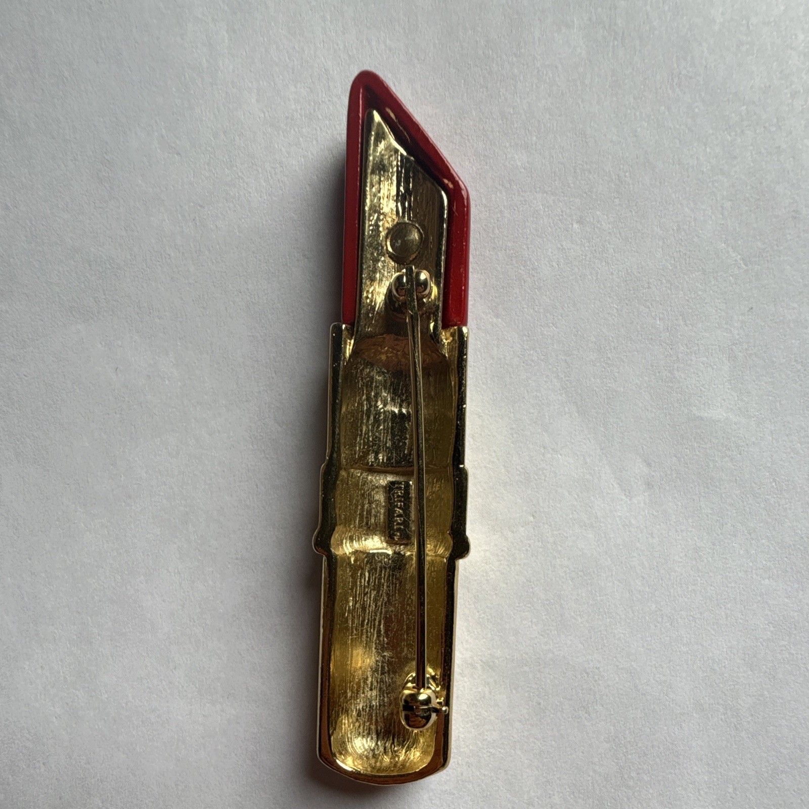 Trifari Signed Gold Tone Red Lipstick Beauty Brooch Pin