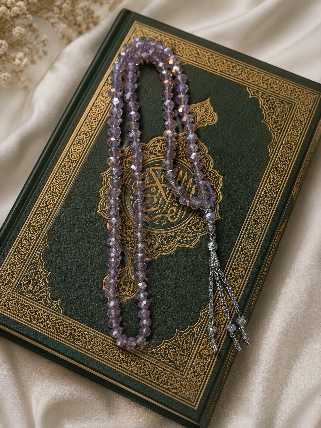 Purple Amethyst & Crystal Beaded Strand Necklace w/ Tassel, Silver Tone