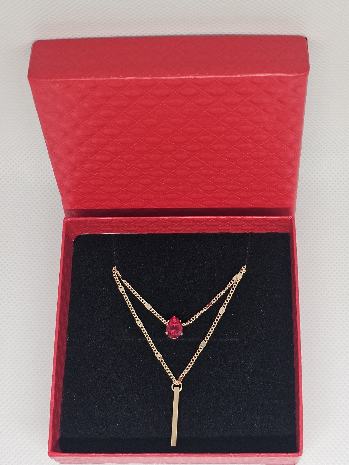 Everyday wear casual ladies Y-drop necklace jewellery red stone gold gift box
