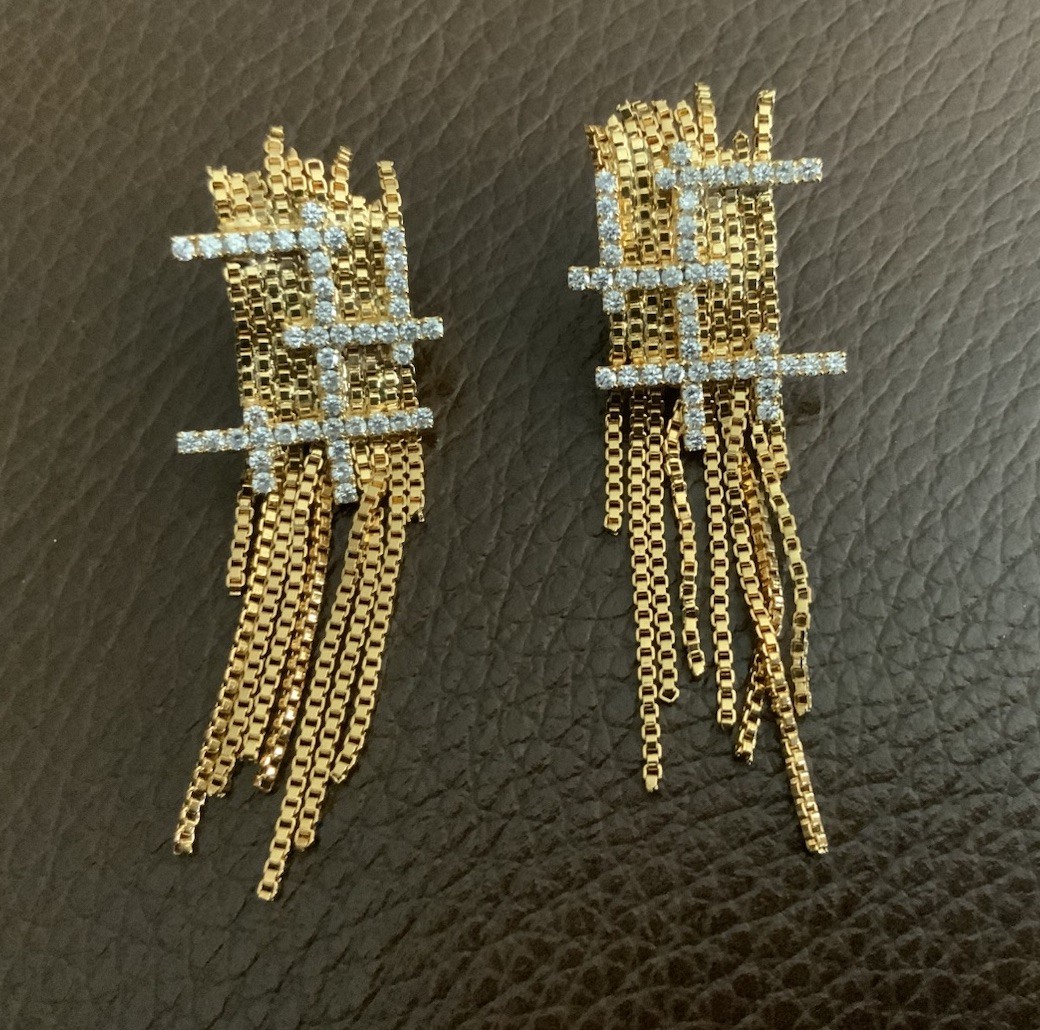 Goddess Gold Earrings Solanales Stud Chain Tassel Fringe Crystal CZ Art Deco VTG