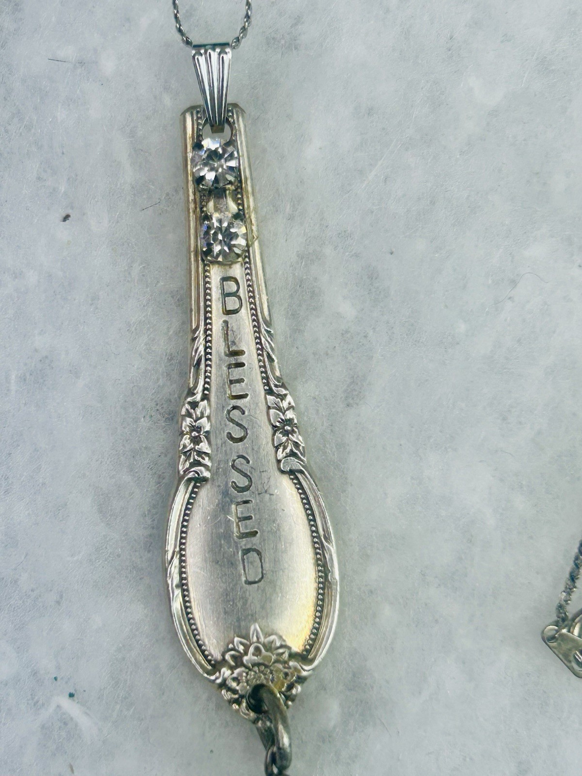 Vintage “Blessed” Spoon Handle Pendant Necklace (c. 1940s–1960s)