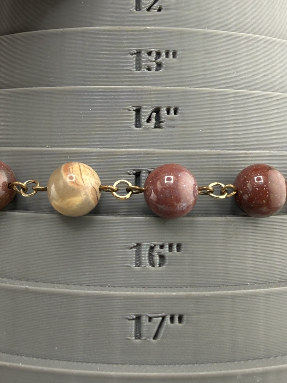 Stone Beaded Necklace Brown Pink Polished Gold Tone 16″