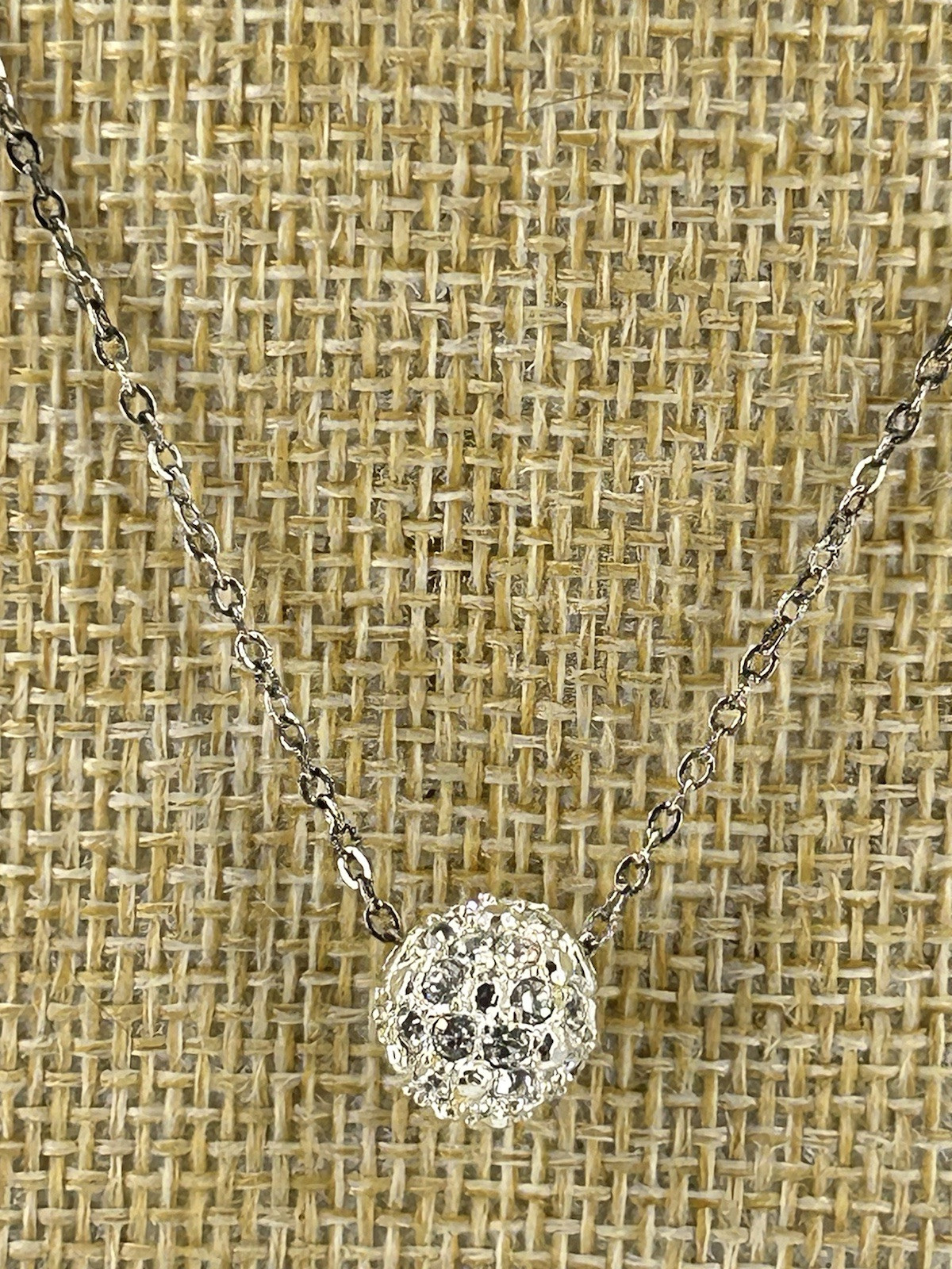 Rhinestone Crystal Ball Pendant Silver Tone Chain Necklace Womens 16-19 Inch