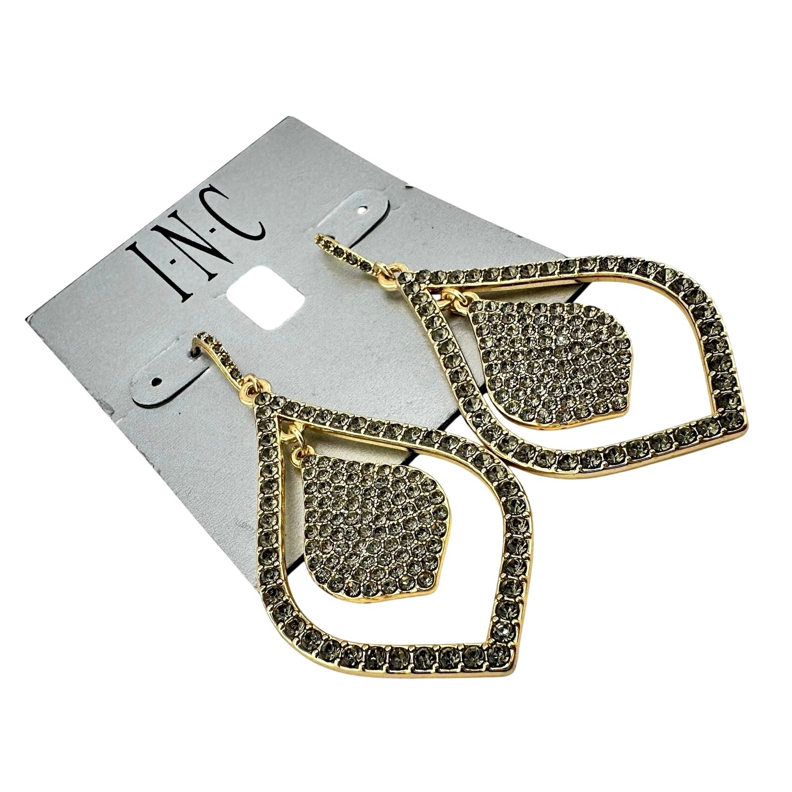 INC NWT Gray Crystal Rhinestone Glam Double Teardrop Gold Tone 2.75″ Earrings