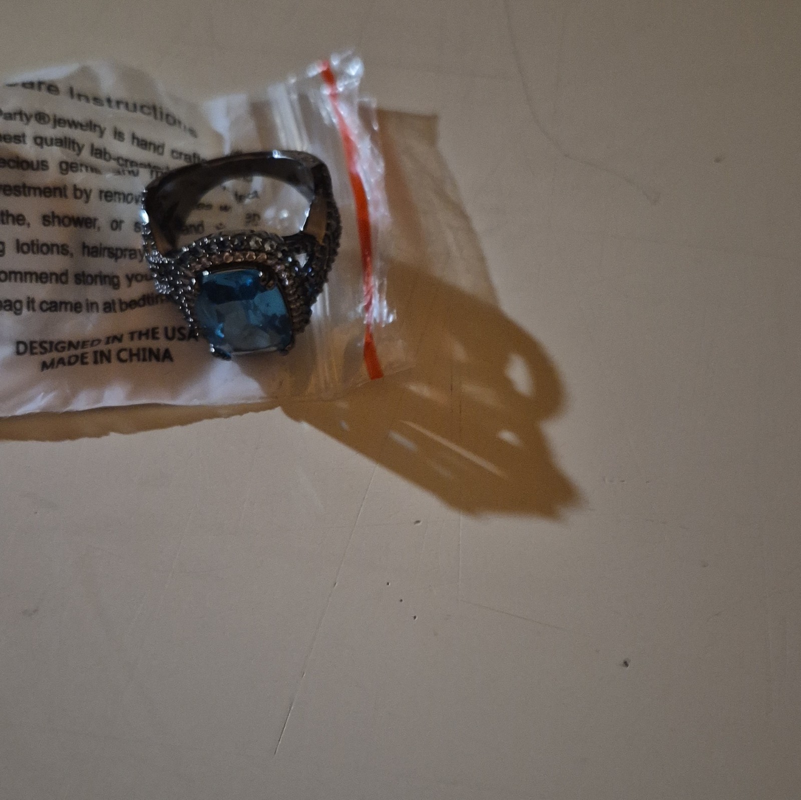Bomb Party Blue Cushion Crystal Cocktail Ring Black Tone Size 8