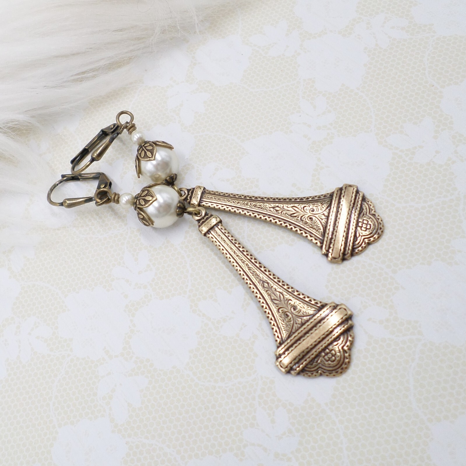 Brass Victorian Style Earrings, Cream Faux Pear Handmade Wedding Jewelry