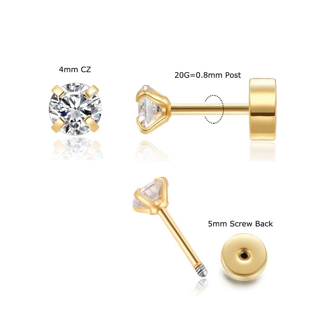 2mm CZ Flat Screw Back Stud Earrings,14K Gold Small Cubic Zirconia Earrings for