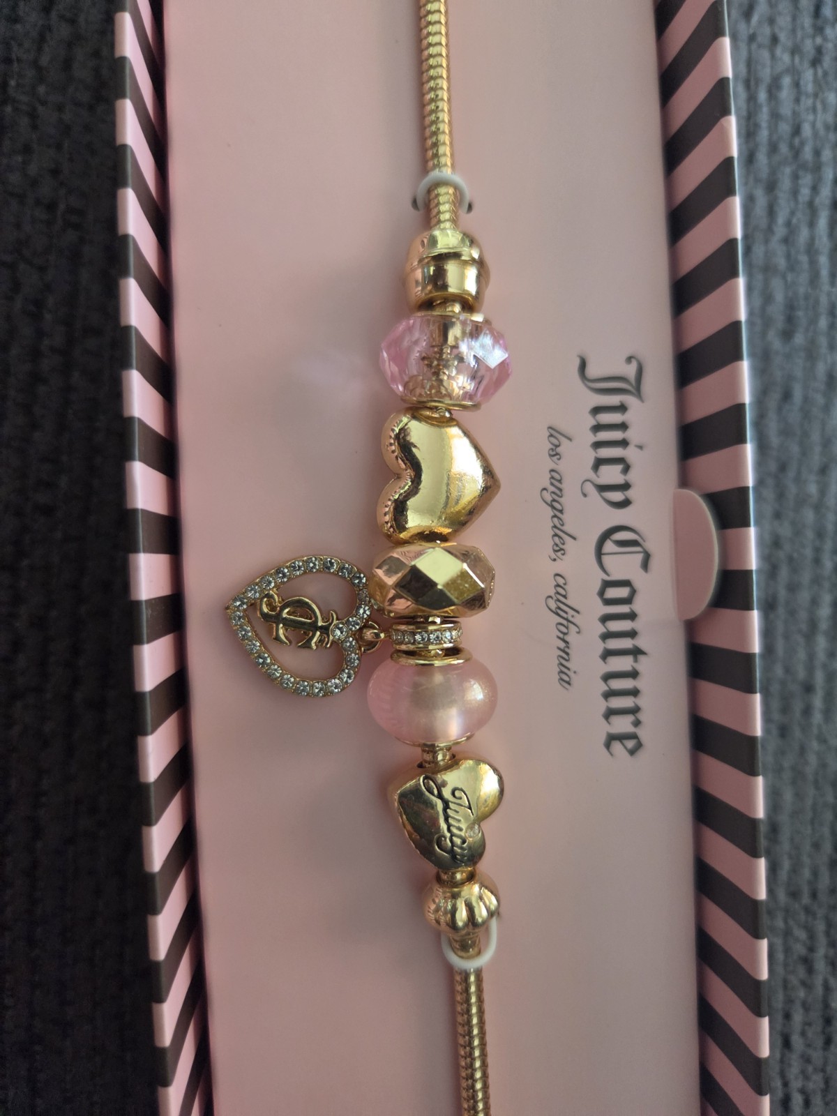 Juicy Couture Bracelet Gold Heart Lock Crown Key Green Pink Beaded Charms New