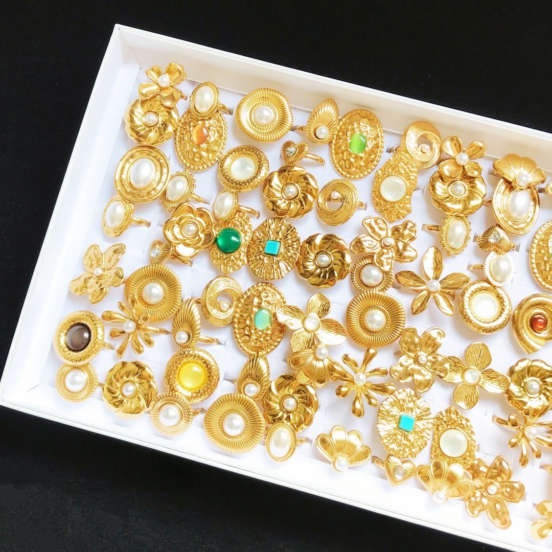 Bulk Lot 20pc Mix Gold 3D Flower Pearl Stone Stainless Steel Rings Women Jewelry