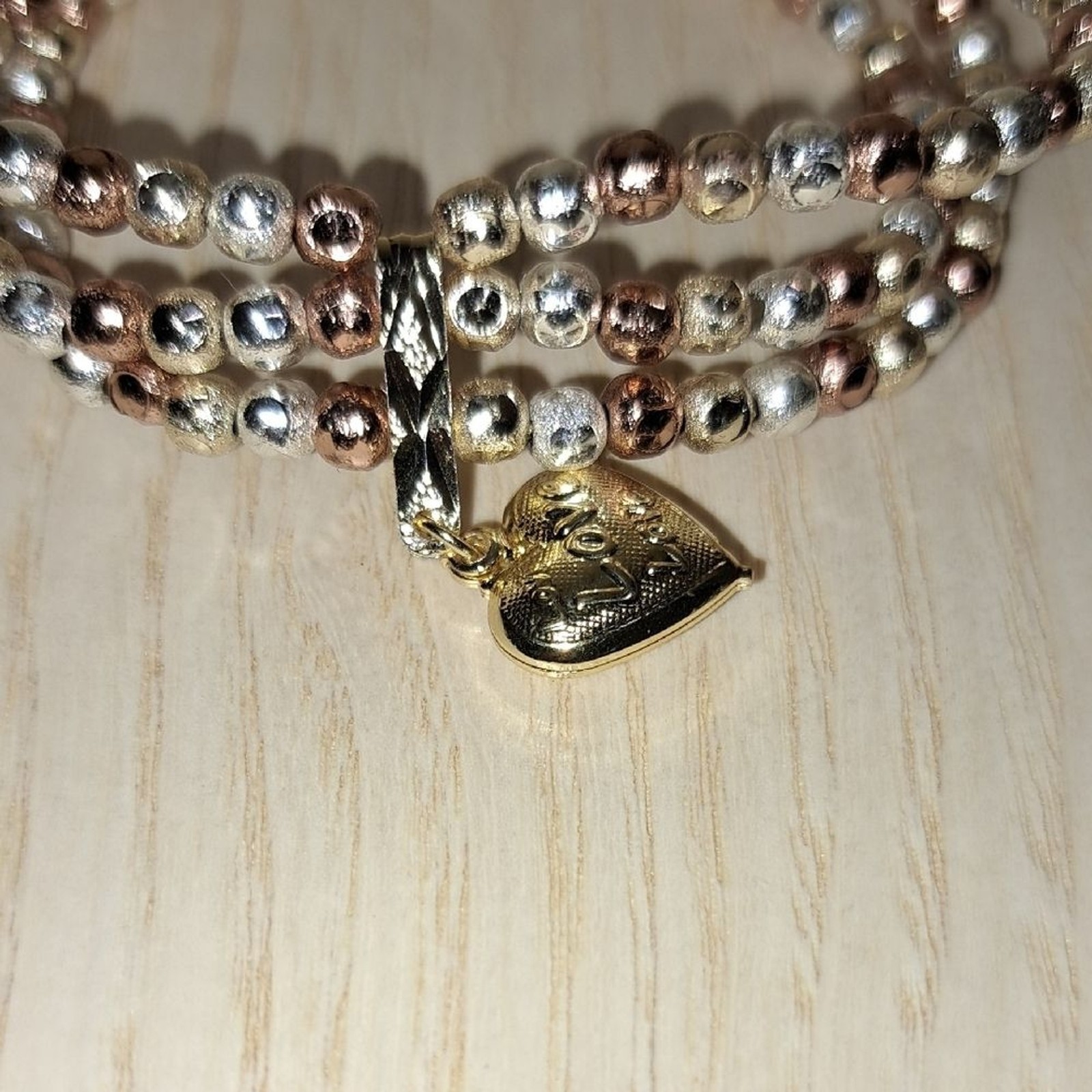 Rose Gold ,Silver And Gold Matte Beaded Heart Charm Bracelet